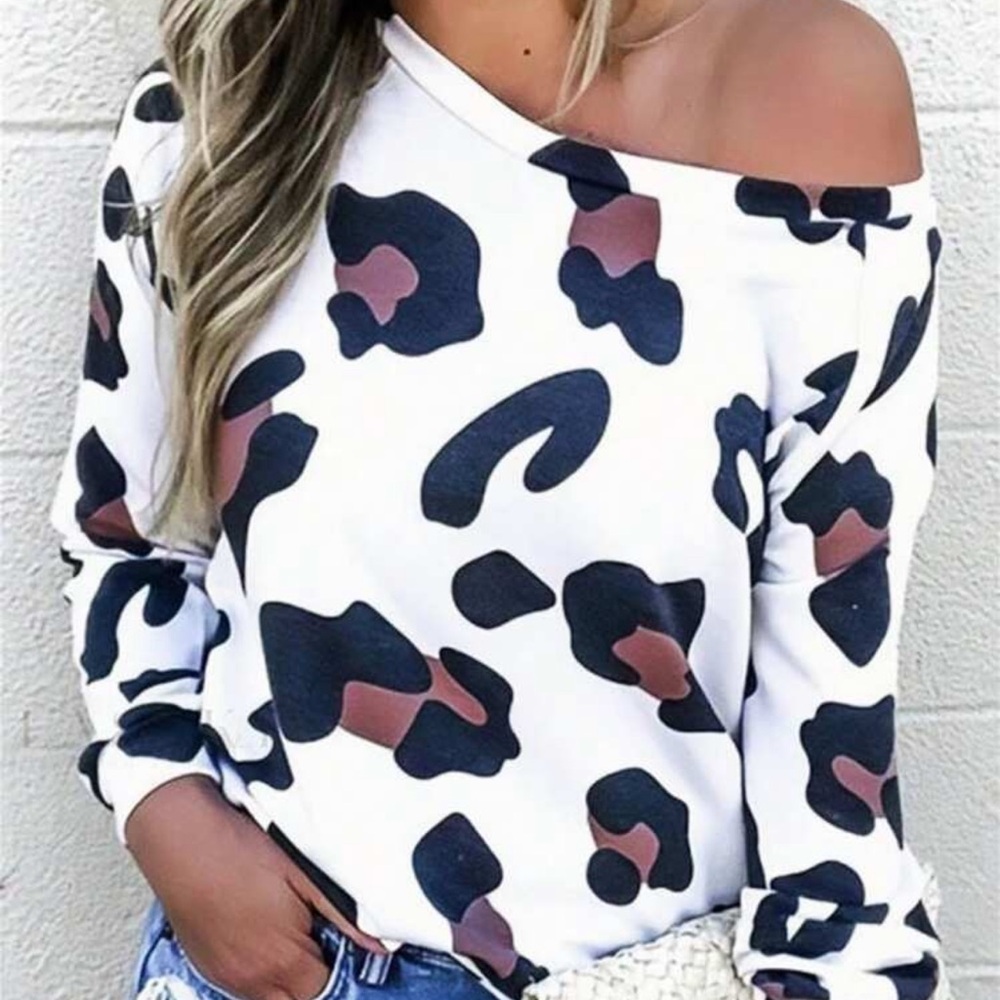 SHEIN Off-the-Shoulder Leopard Print Sweater - White and Black